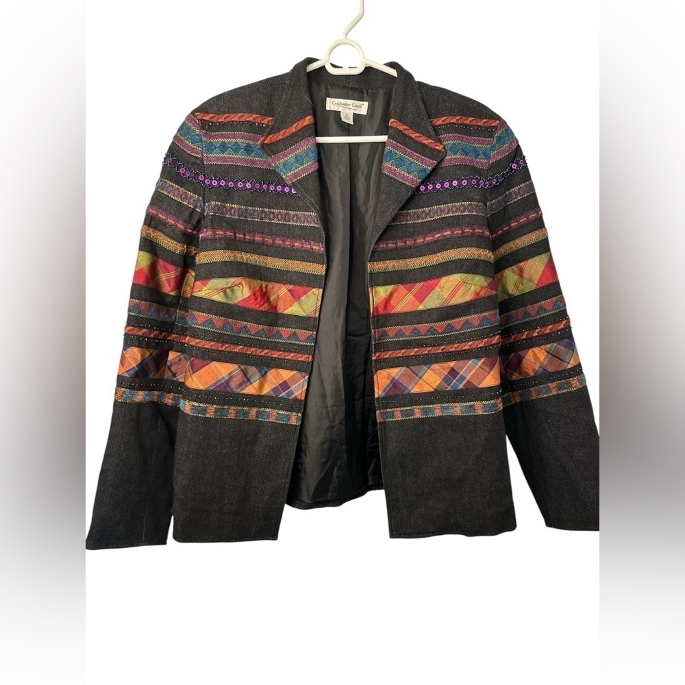 Coldwater Creek Jacket Women 10 Black Denim Ribbon Embellished SouthWestern
